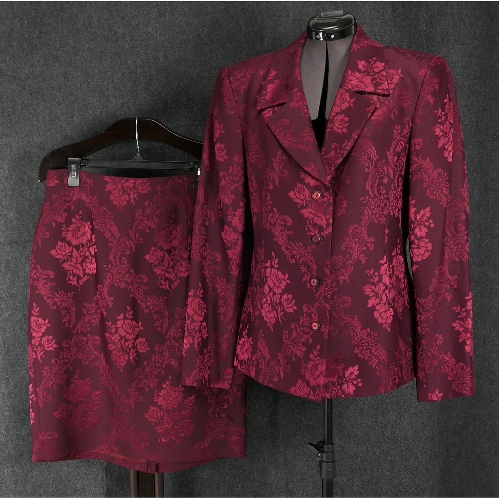 VTG Dana Buchman Burgundy Floral Jacquard Wool SIlk Blend Skirt Suit Set 12 14